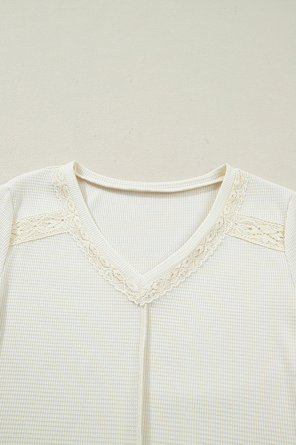 Ivory Thermal Knit Lace Detail V-Neck Top