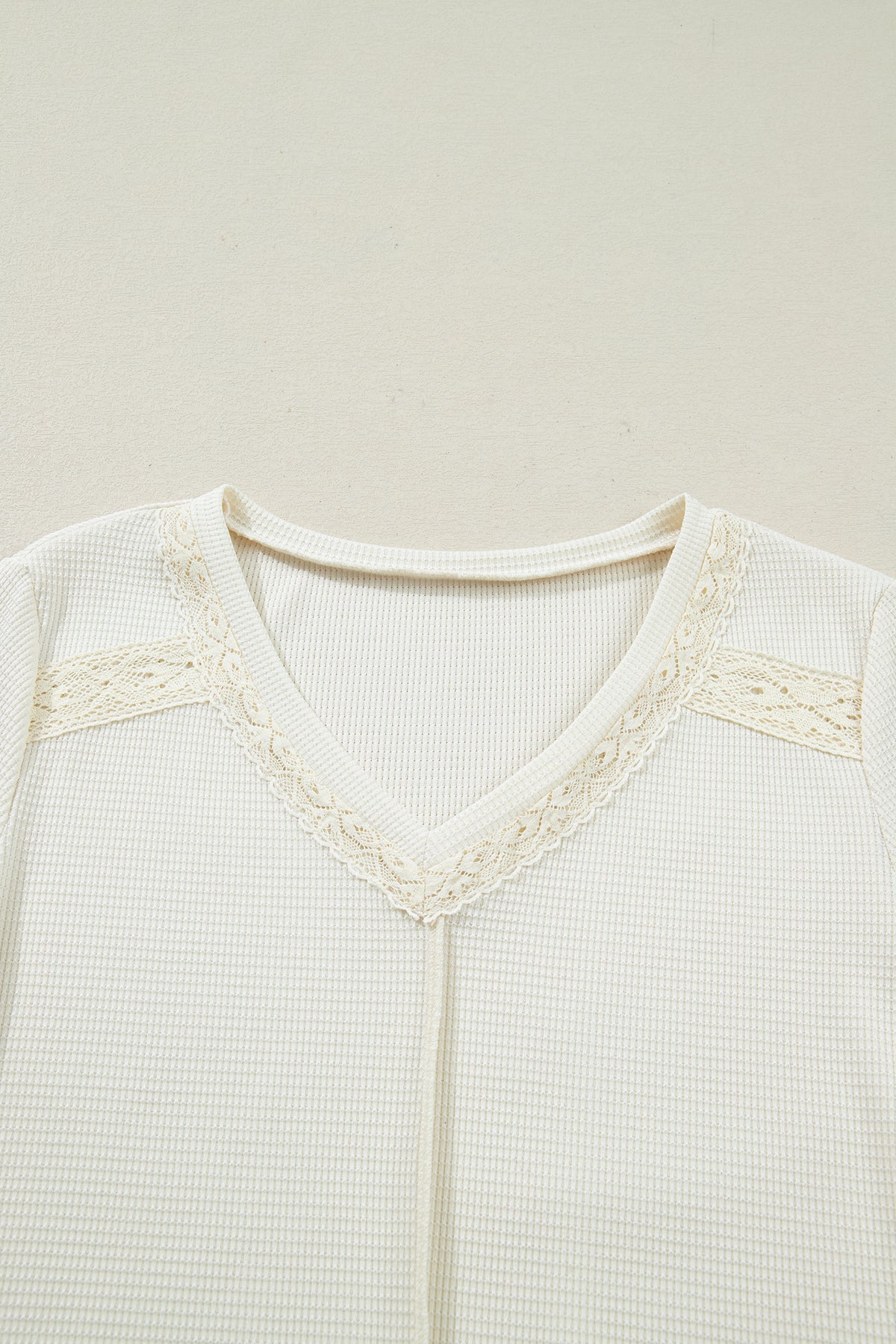 Ivory Thermal Knit Lace Detail V-Neck Top