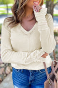 Ivory Thermal Knit Lace Detail V-Neck Top