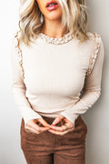 Women’s Beige Ribbed Ruffle-Trim Long-Sleeve Top