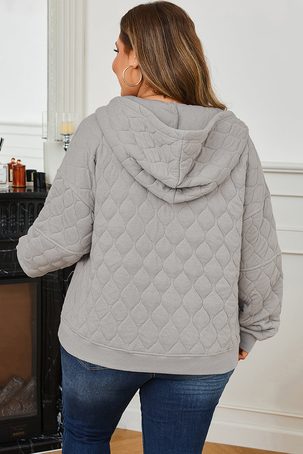 Women’s Plus-Size Gray Quilted Quarter-Zip Hoodie