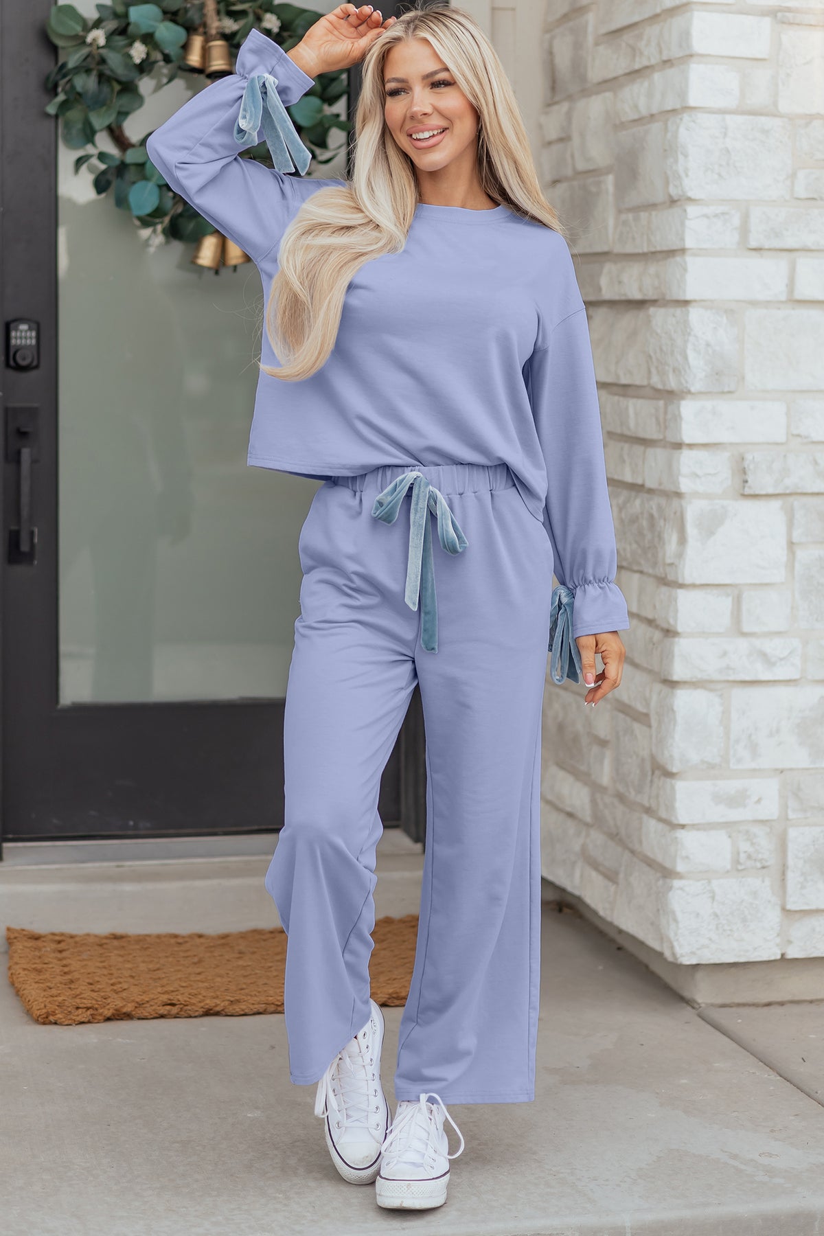 Women’s Blue Bow-Detail Two-Piece Lounge Set