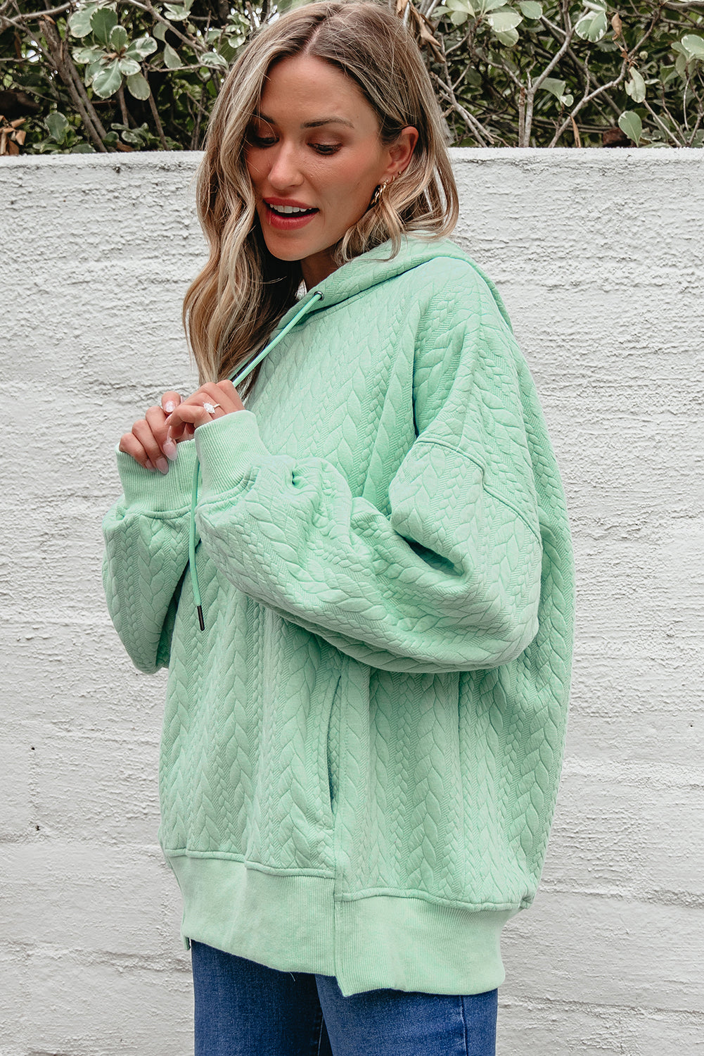Moonlight Jade Cable Textured Oversized Hoodie