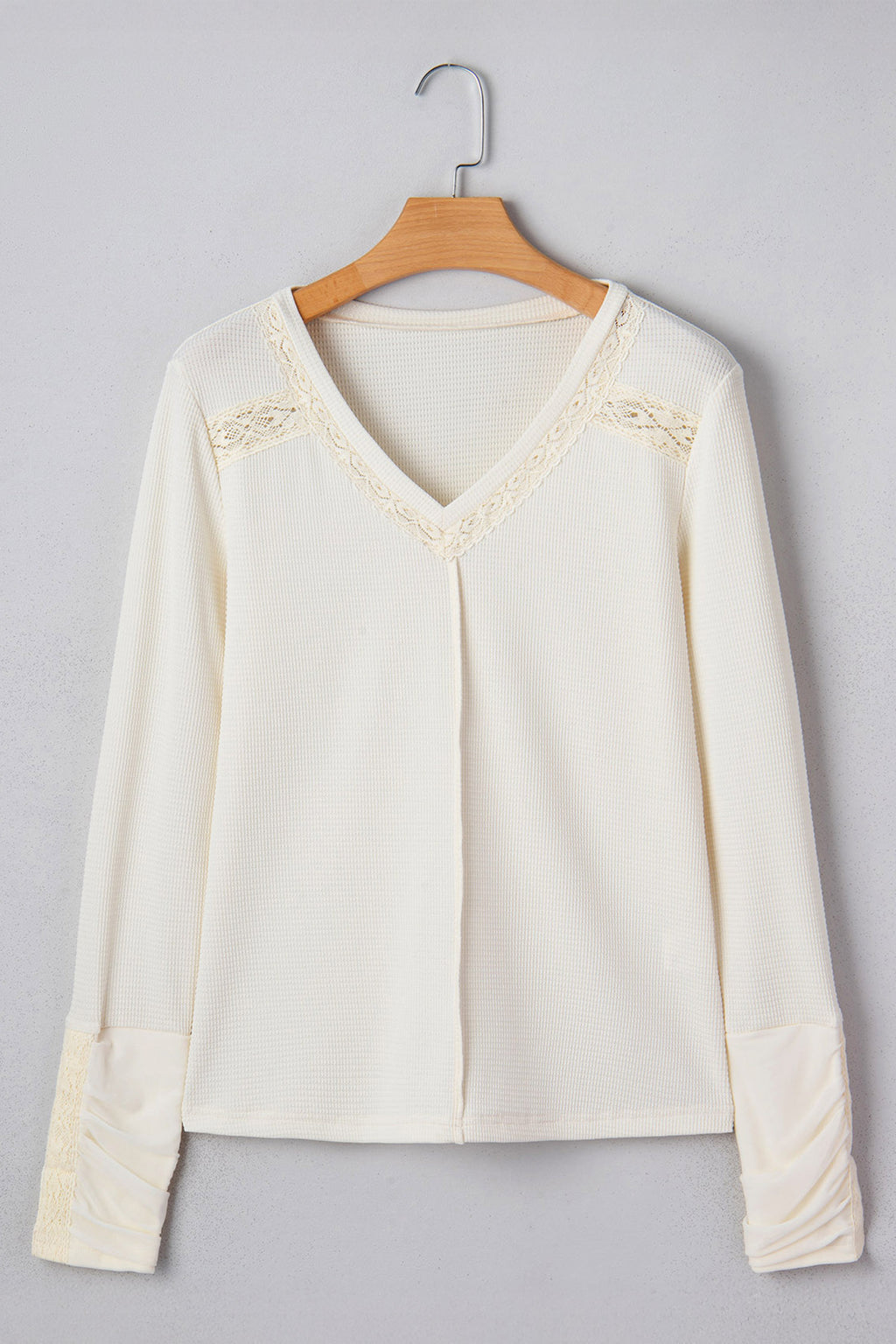 Ivory Thermal Knit Lace Detail V-Neck Top
