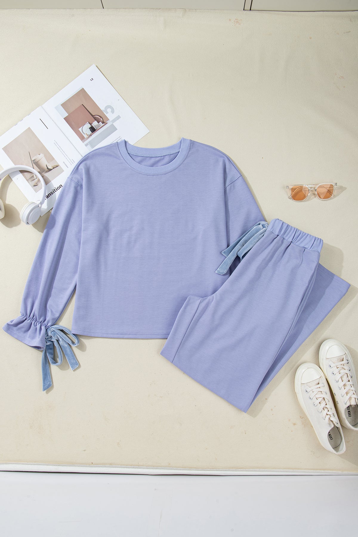 Women’s Blue Bow-Detail Two-Piece Lounge Set