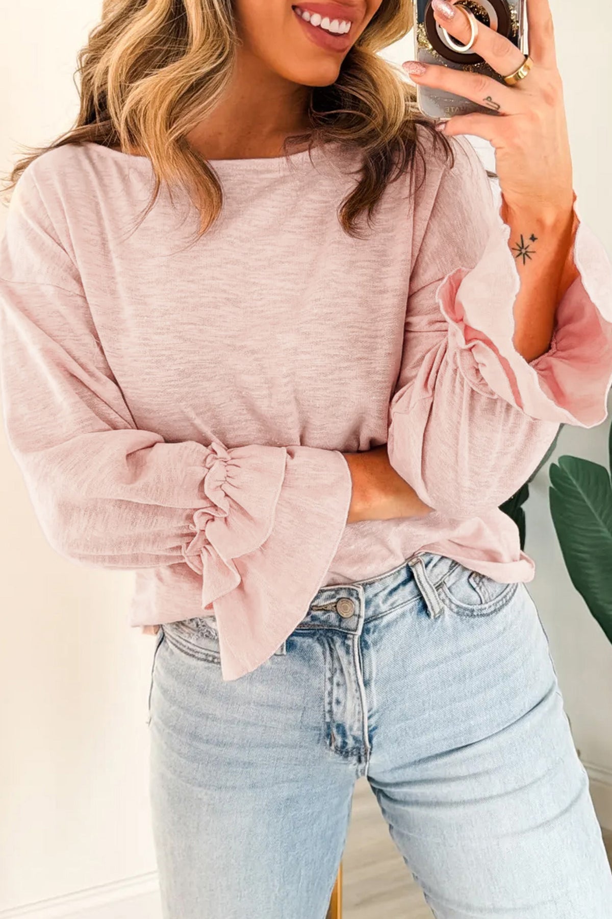 Women’s Pink Ruffle-Cuff Long-Sleeve Top