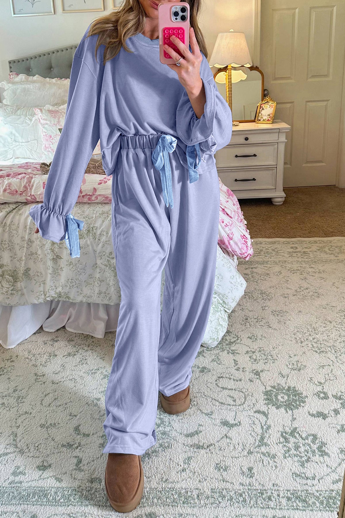 Women’s Blue Bow-Detail Two-Piece Lounge Set