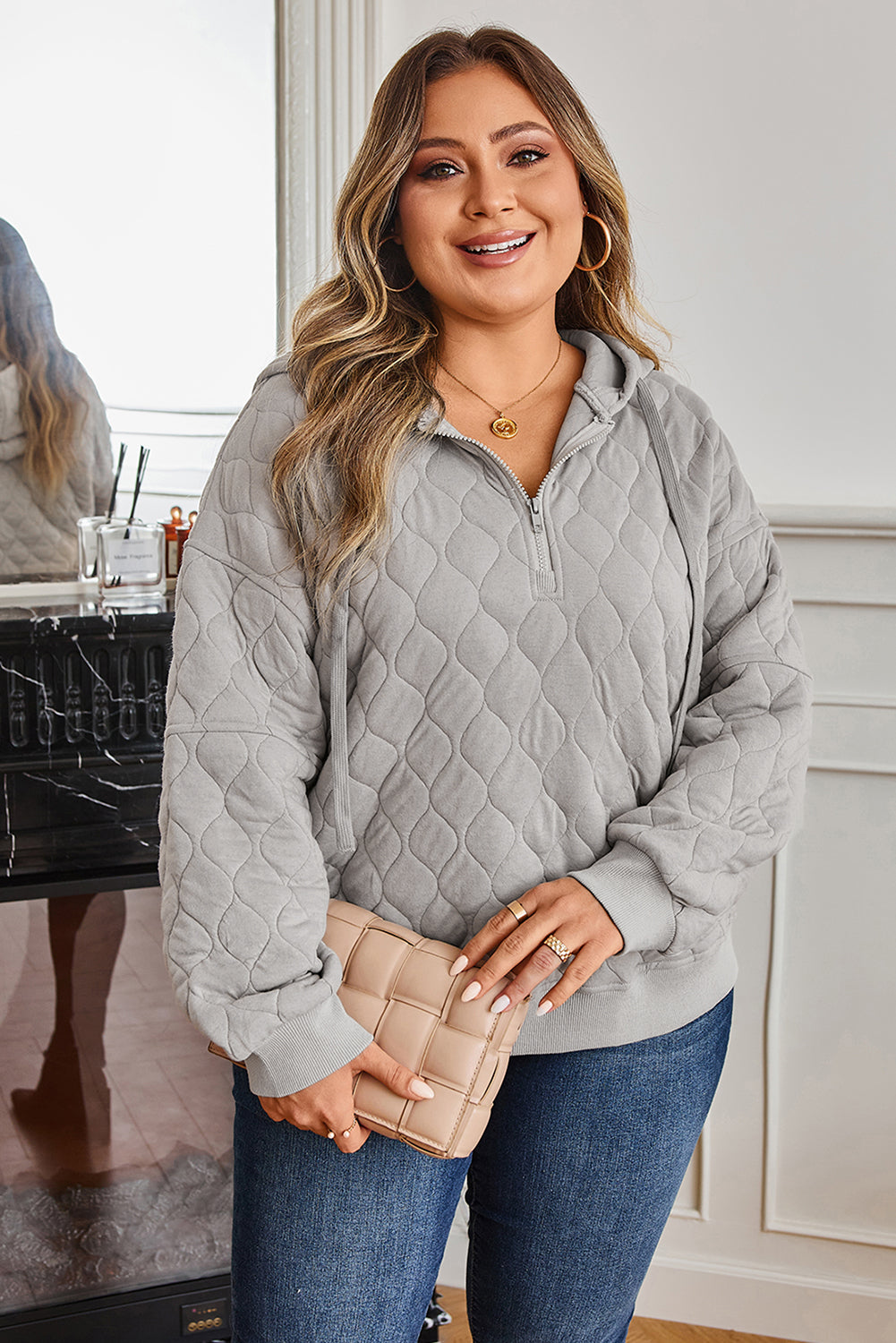 Women’s Plus-Size Gray Quilted Quarter-Zip Hoodie