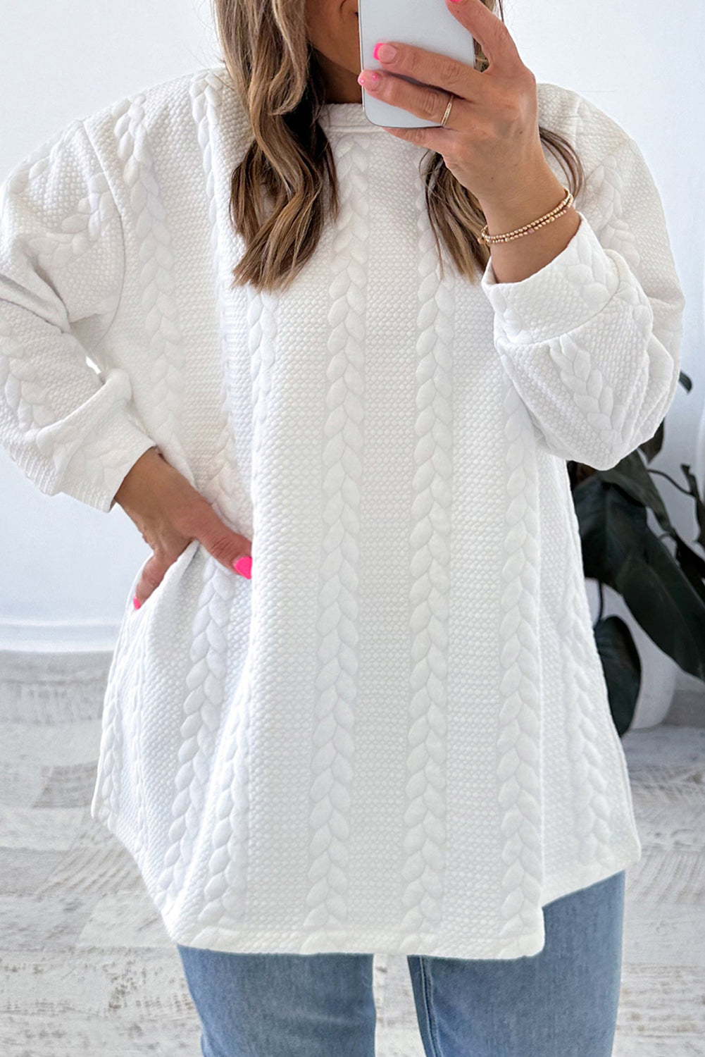 White Textured Relaxed Fit Long Sleeve Top