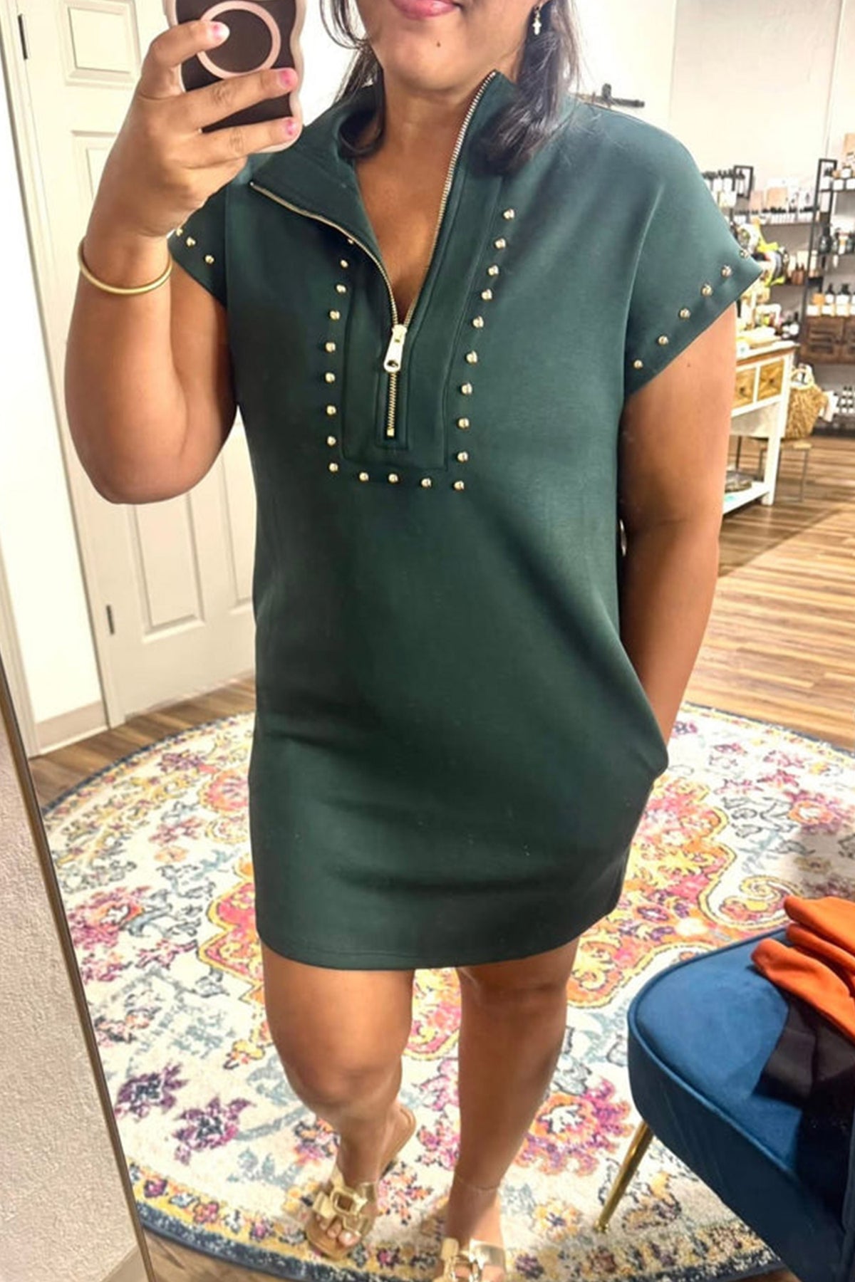 Women’s Plus-Size Green Studded Half-Zip Dress