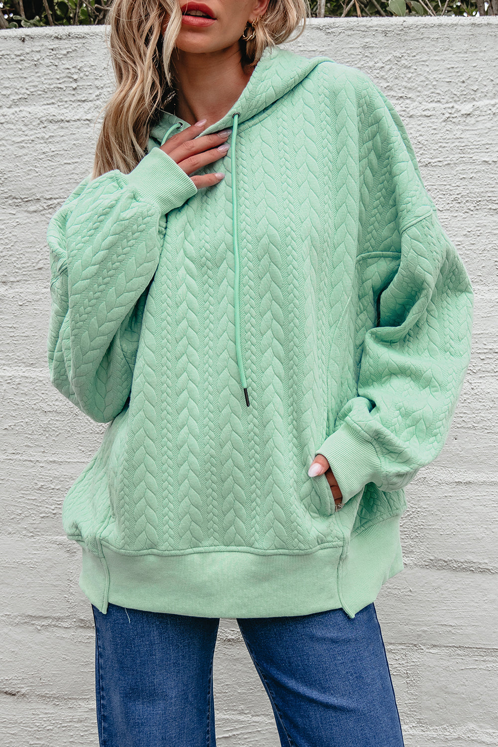 Moonlight Jade Cable Textured Oversized Hoodie