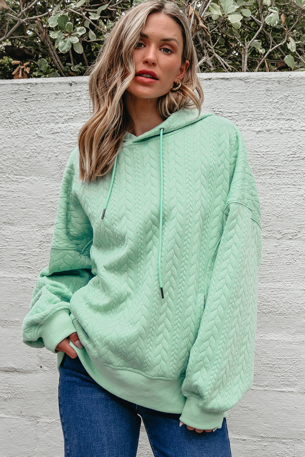 Moonlight Jade Cable Textured Oversized Hoodie