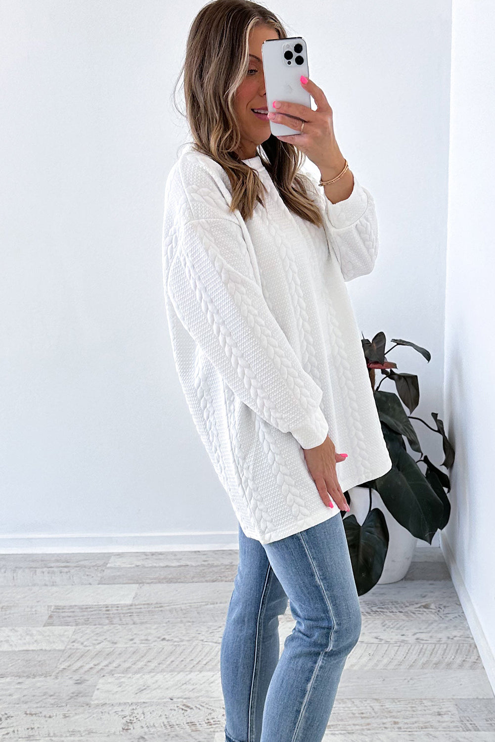 White Textured Relaxed Fit Long Sleeve Top