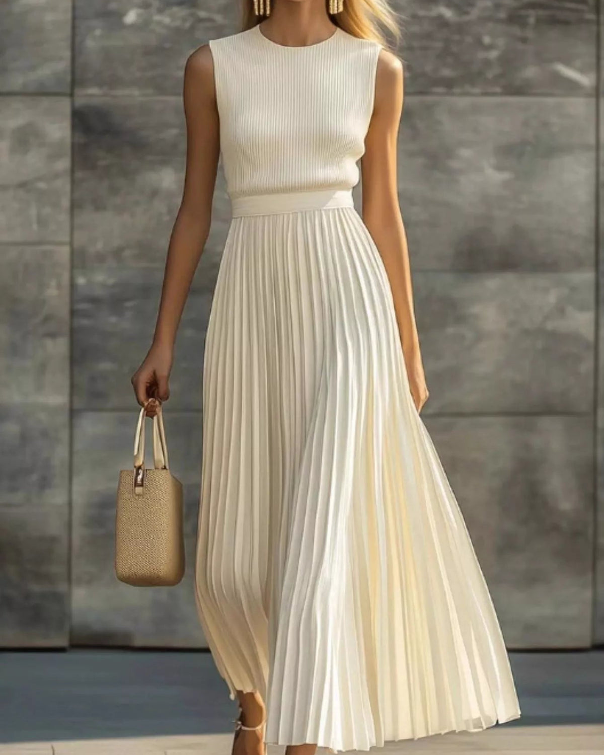 Woman wearing beige ribbed sleeveless pleated maxi dress