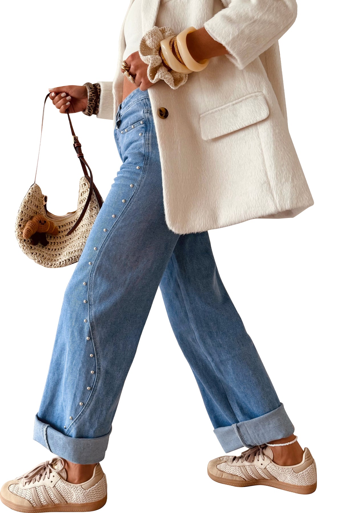 Women’s Rivet-Detail Cuffed Straight-Leg Jeans