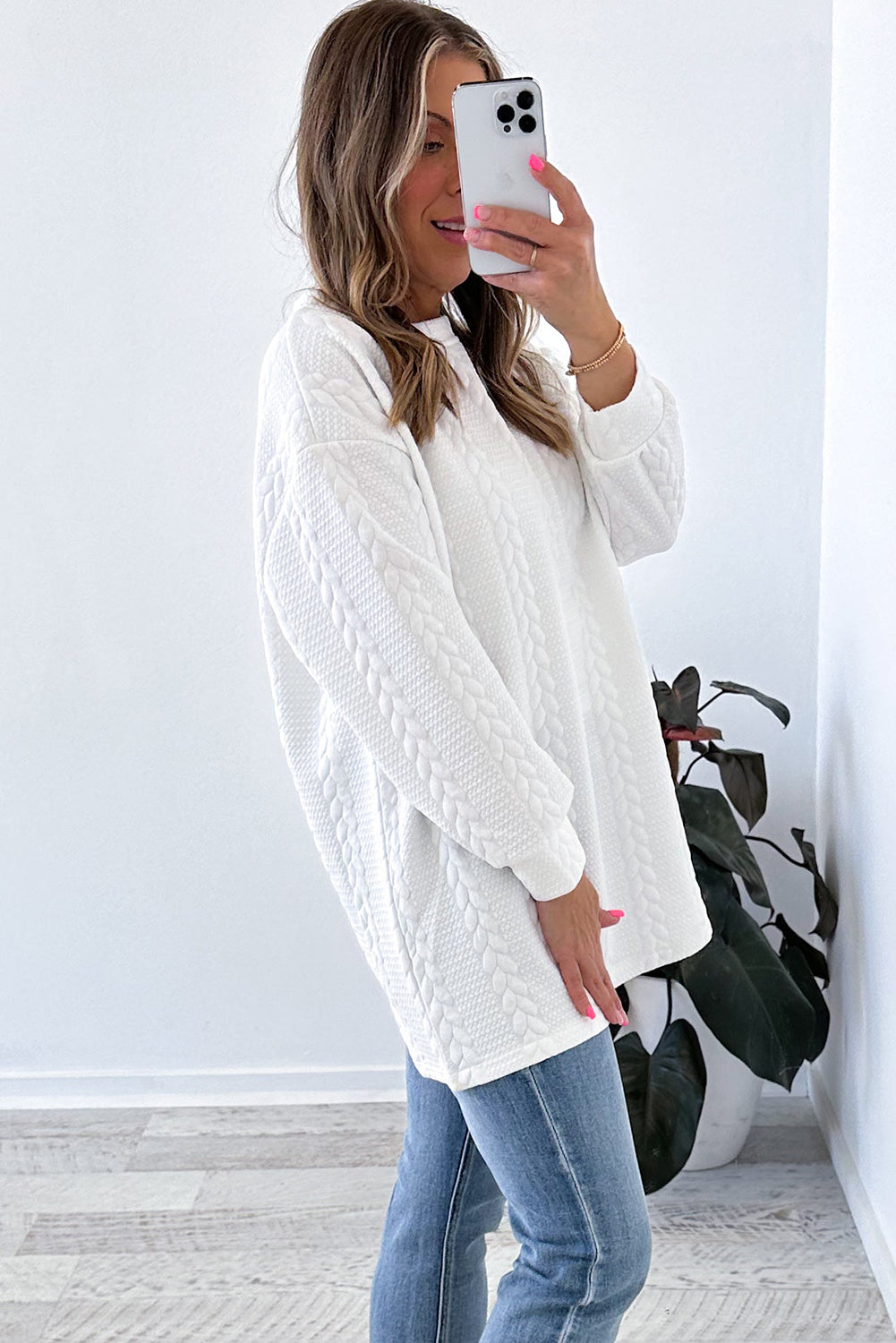 White Textured Relaxed Fit Long Sleeve Top