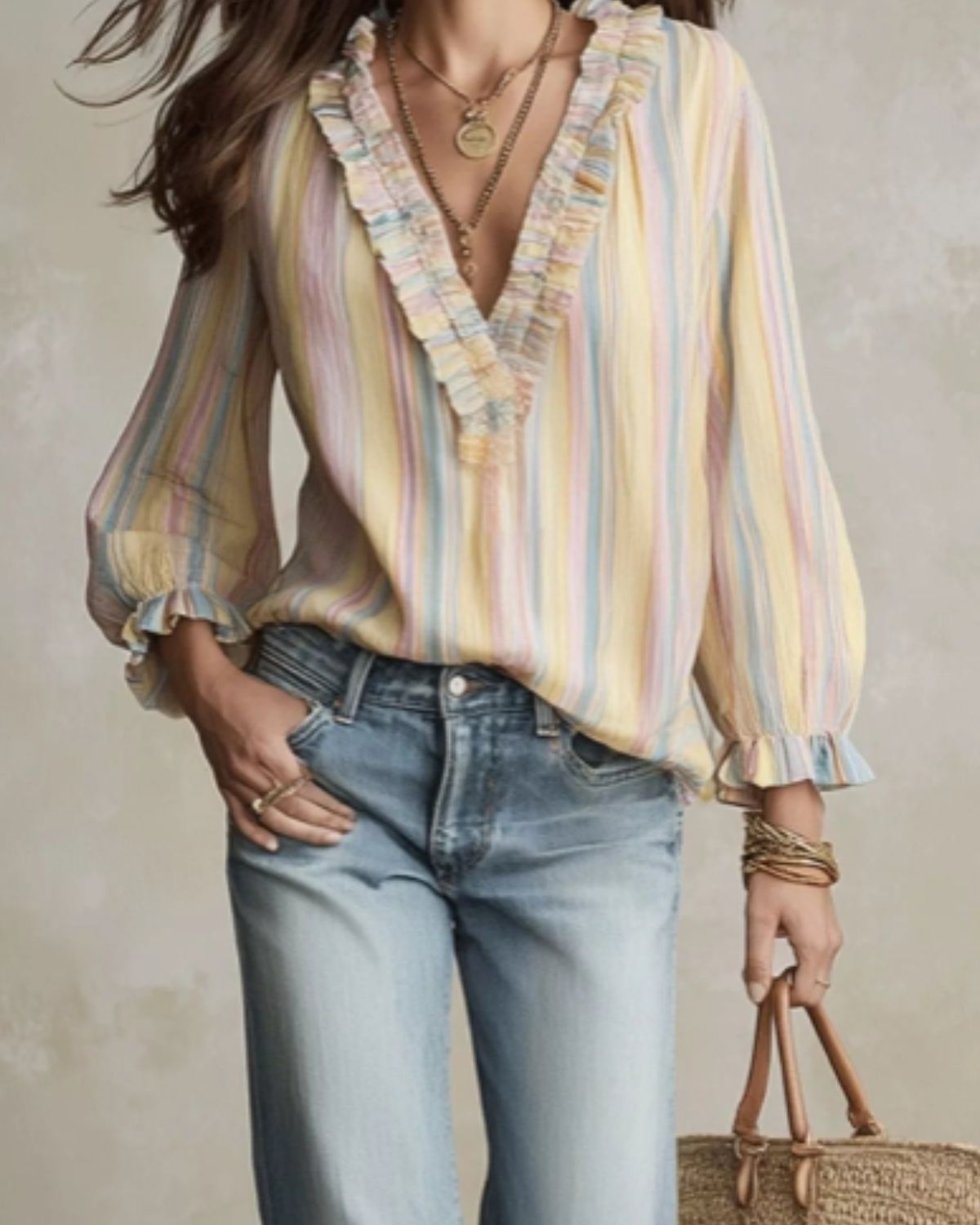 Women’s Striped Ruffle V-Neck Blouse | Long Sleeve Casual Top