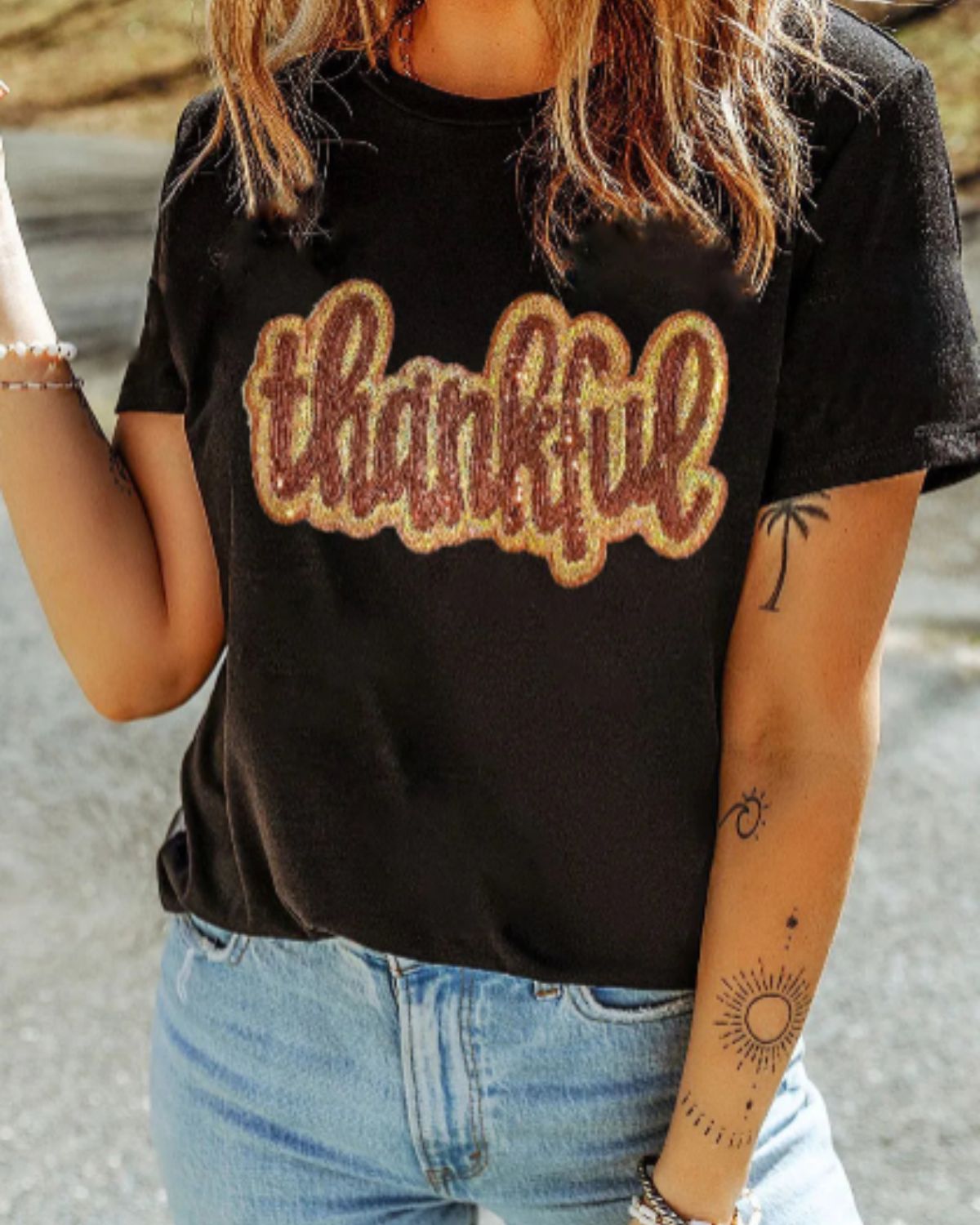 THANKFUL Sequin Round Neck Short Sleeve T-Shirt