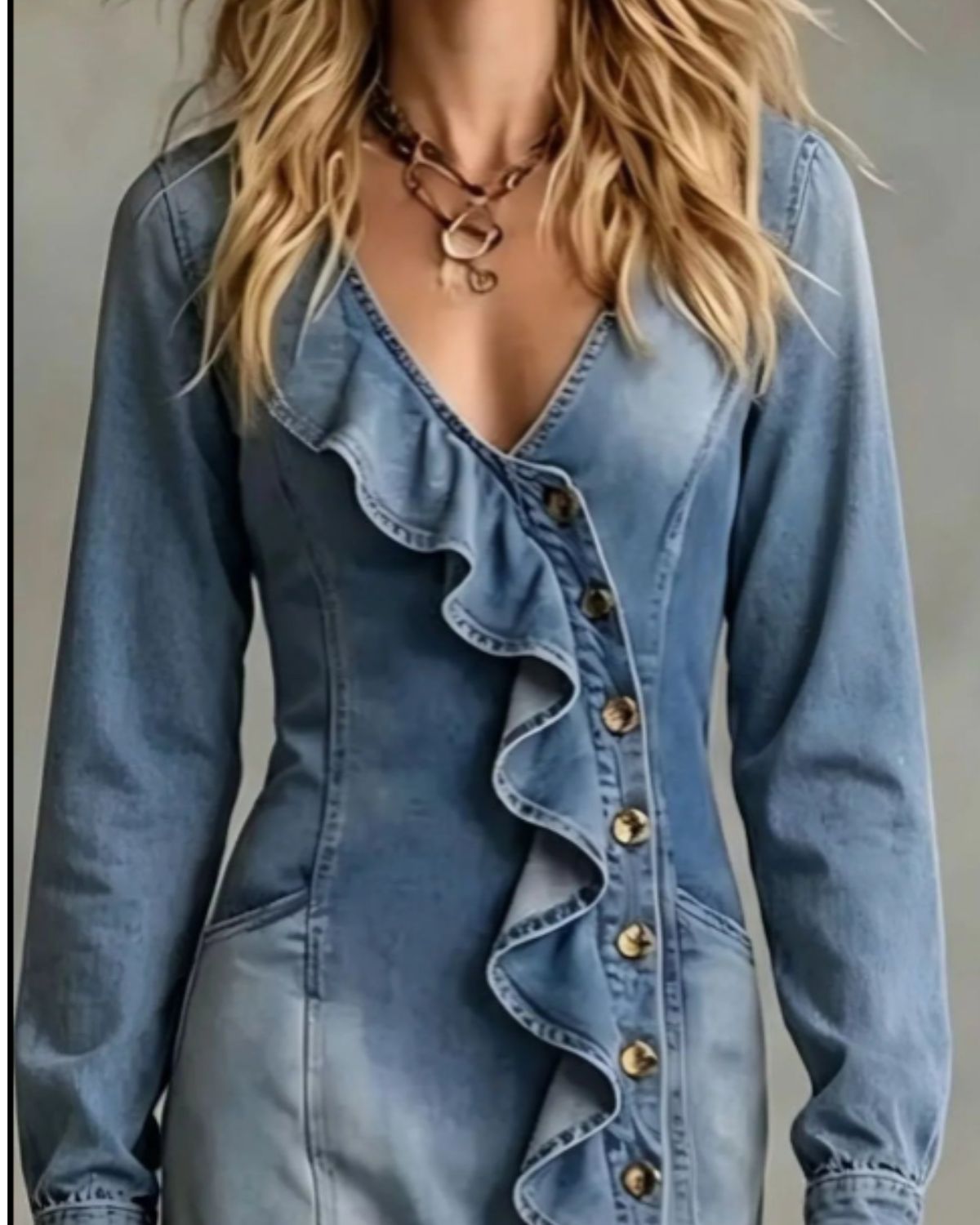 Ruffled V-Neck Denim Maxi Dress