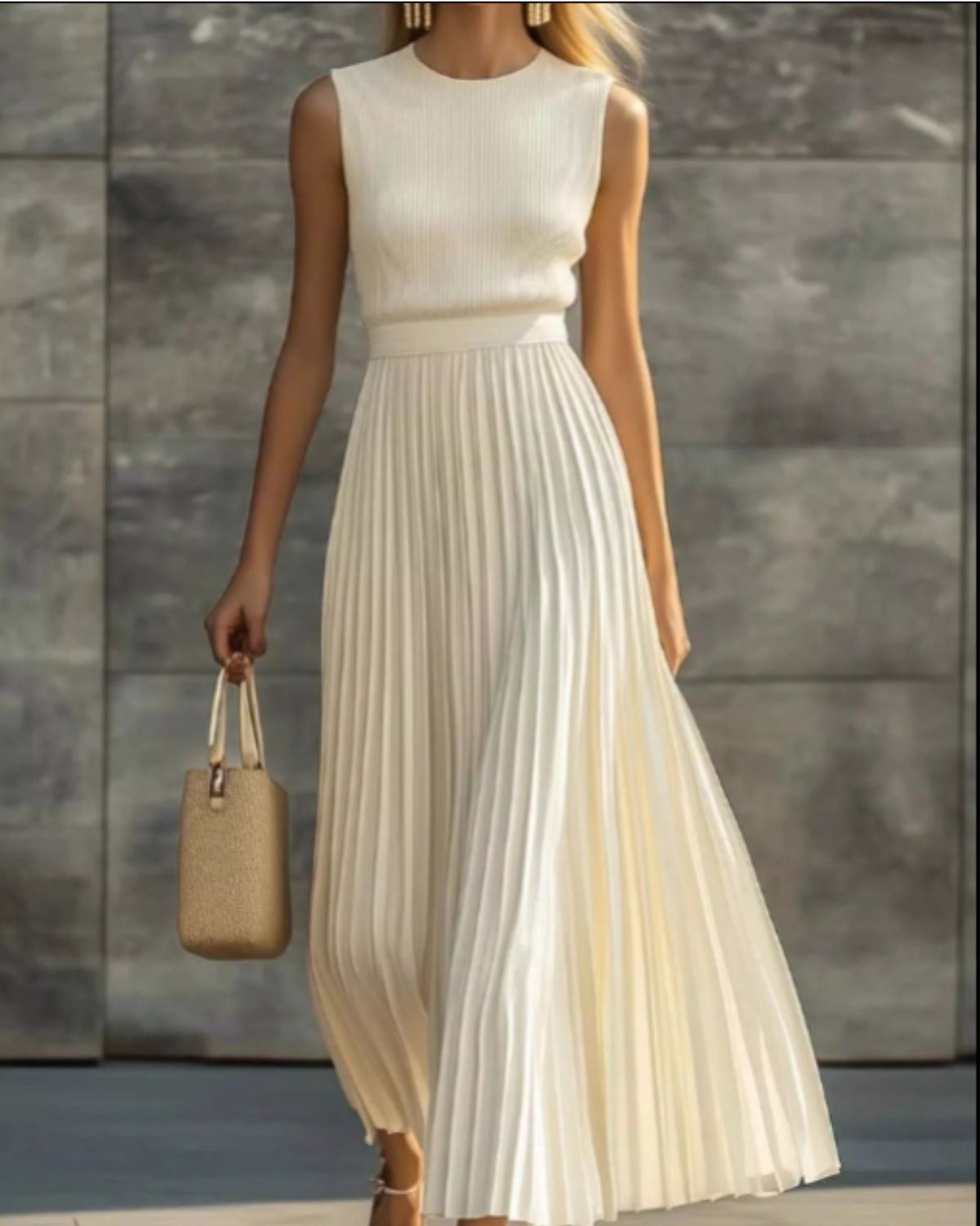 Women’s Ribbed Sleeveless Pleated Maxi Dress – Beige