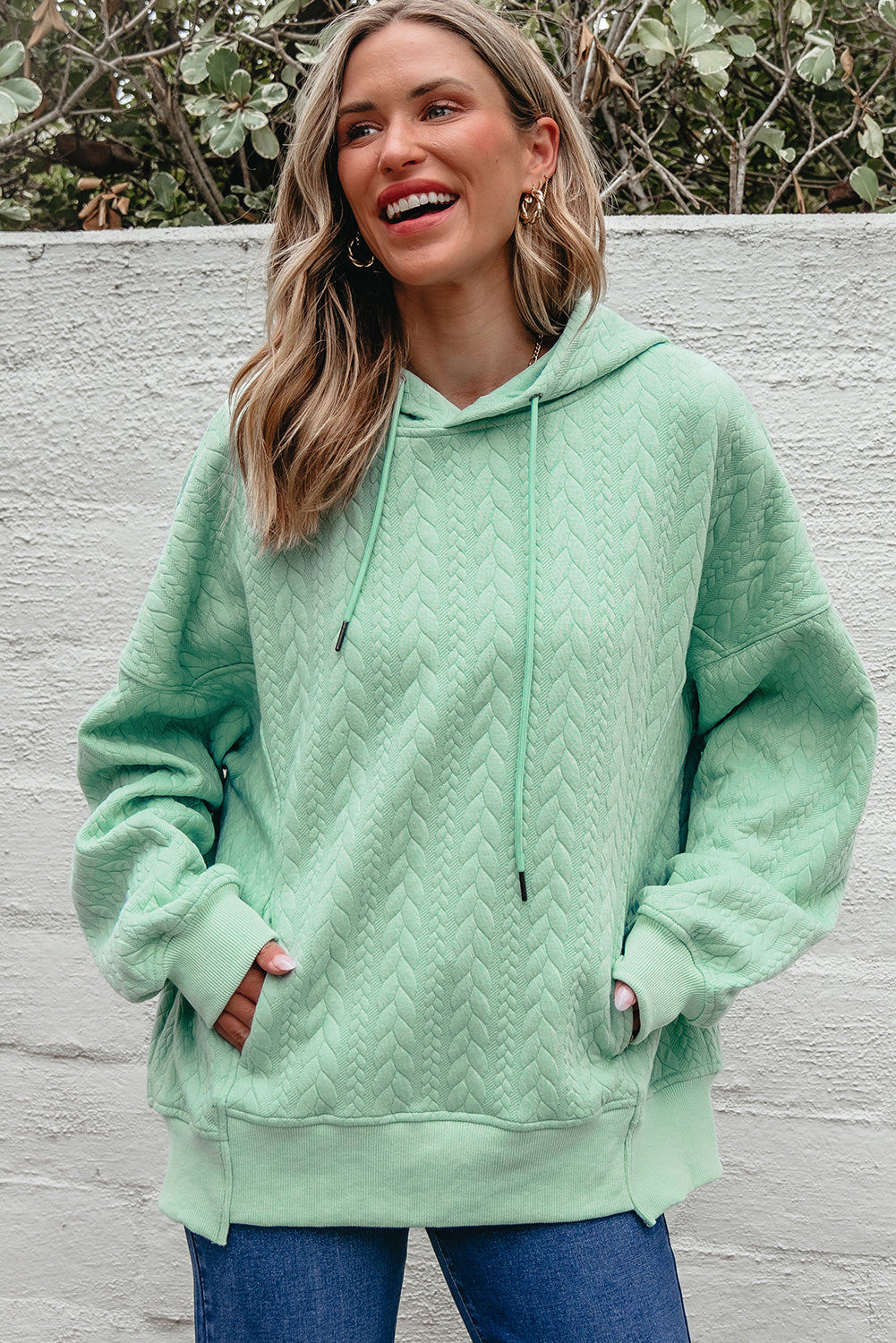 Moonlight Jade Cable Textured Oversized Hoodie