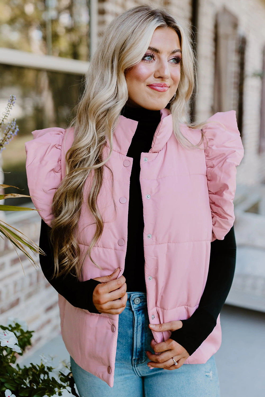 Blush Pink Flutter Sleeve Puffer Vest