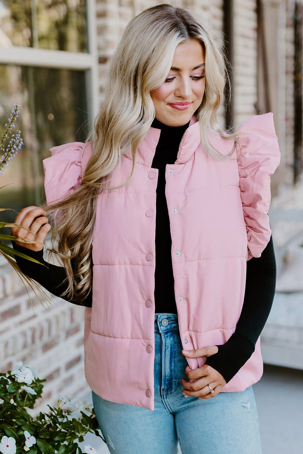Blush Pink Flutter Sleeve Puffer Vest