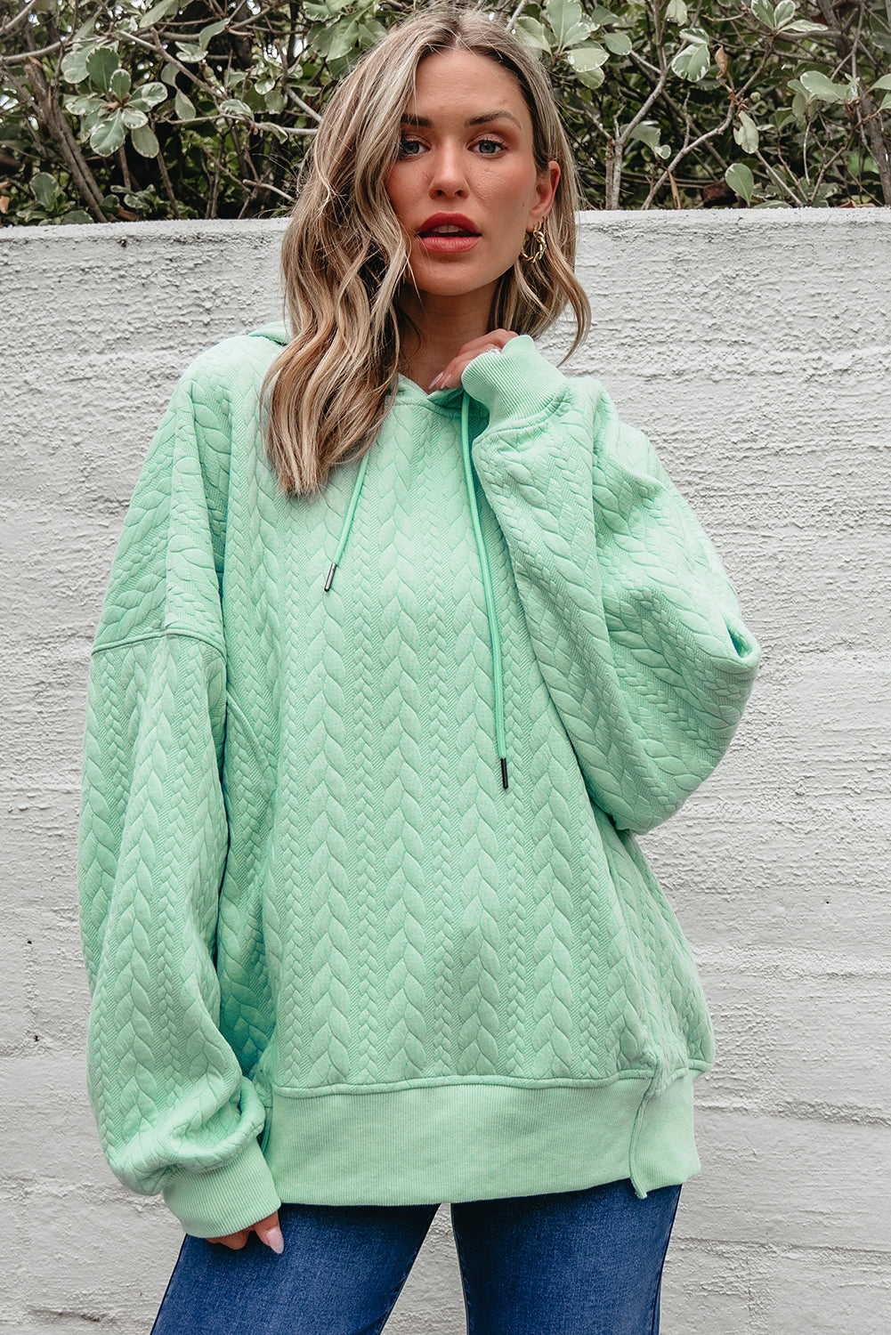 Moonlight Jade Cable Textured Oversized Hoodie