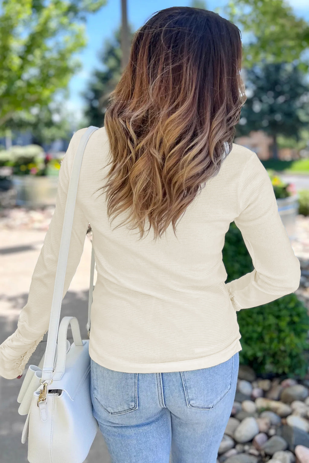 Ivory Thermal Knit Lace Detail V-Neck Top